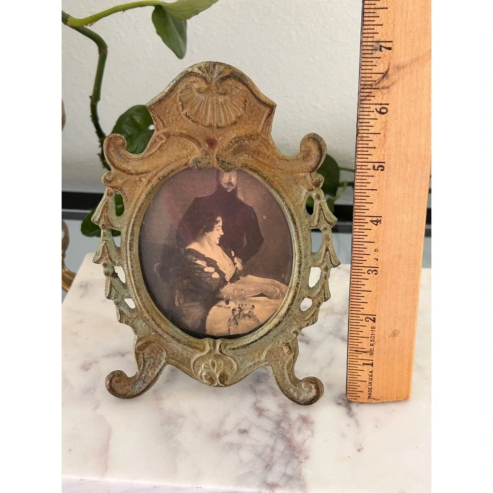 Vintage Ornate Cast Metal Picture Frame Victorian Style Verdigris Patina Oval